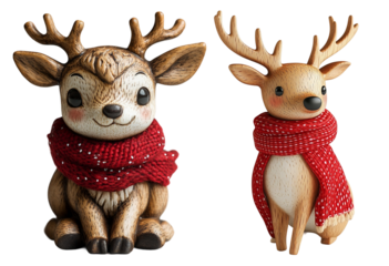 Close-up 3D Adorable wooden figurine of a deer in a red scarf for Christmas decor