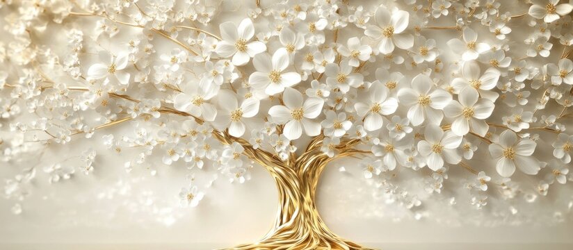 A 3D wallpaper mural featuring a golden tree of life adorned with white flowers. The luxurious design combines nature and elegance, creating a sophisticated and serene ambiance.  