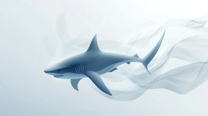 Fototapeta premium A stylized cartoon shark with sleek fins and a streamlined body, gracefully moving through an all-white minimalist background.