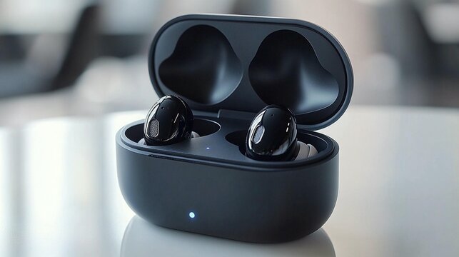 Wireless earbuds in charging case on table.