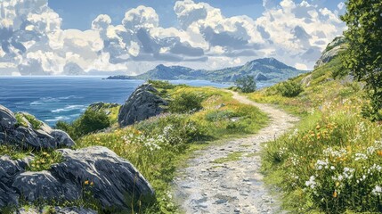 Fototapeta premium Serene Panoramic View of Remote Scandinavian Landscape and Ocean