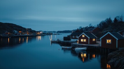 Fototapeta premium Peaceful Panoramic View of Small Scandinavian Harbor at Dusk