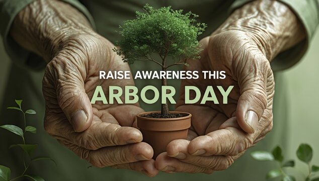 An elderly person's hands cradling a small potted tree, promoting Arbor Day and the importance of tree planting.