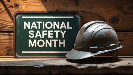 An industrial safety hard hat beside a vintage sign promoting National Safety Month, symbolizing workplace safety and awareness.