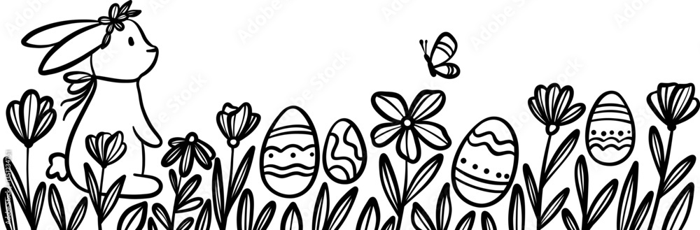 Aufkleber cute vector easter line art doodle bunny illustration with flowers and eggs, festive rabbit on a spr
