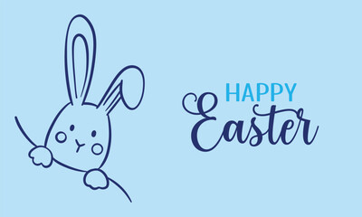 Blue minimalist happy Easter cartoon line art vector greeting card template, cute bunny background design