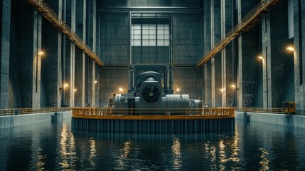 Massive Interior of a Hydro Power Generator Facility with Machinery