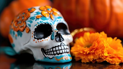 Naklejka premium Decorative sugar skull, vibrant colors, Day of the Dead