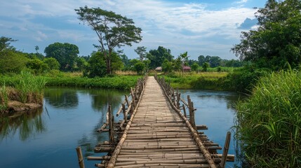 Fototapeta premium Serene Bamboo Bridge Crossing Over Calm Waters in Cambodian Landscape