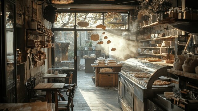 Rustic Pizza Shop Interior with Fresh Dough Tossing in Sunlight