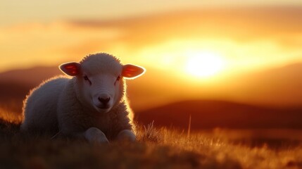Obraz premium A lamb at sunset. A serene, peaceful young sheep basking in the golden light of a setting sun on a grassy hill