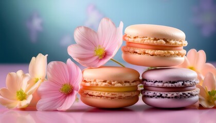 Сlose-up of Delicate Macarons with Smooth Shells, placed with Edible Flowers Isolated on a Soft Light Purple Pastel Background offering Copy Space, Food Concept, sweets.