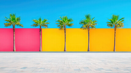 Advertising billboard mockup placed near a beach, blue sky, palm trees, perfect vacation vibe 