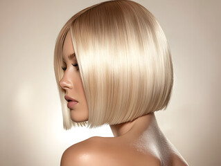 Fototapeta premium Sleek Blonde Bob Haircut: Side-Profile Studio Beauty Shot with Natural Lighting & Professional Grading