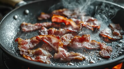 Sizzling Hot Pan with Crispy Bacon Glazing in Delicious Aroma