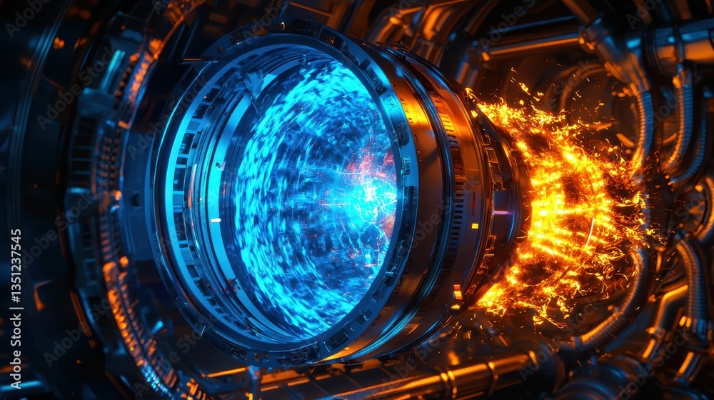 Poster pulsating core generator with neon effects and spaceship elements