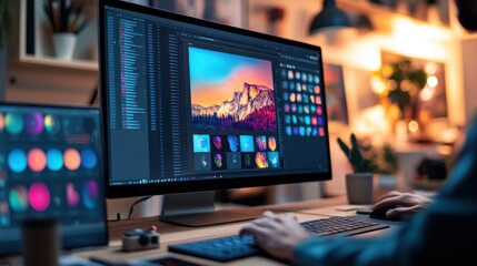 Home office photo editing workstation at night
