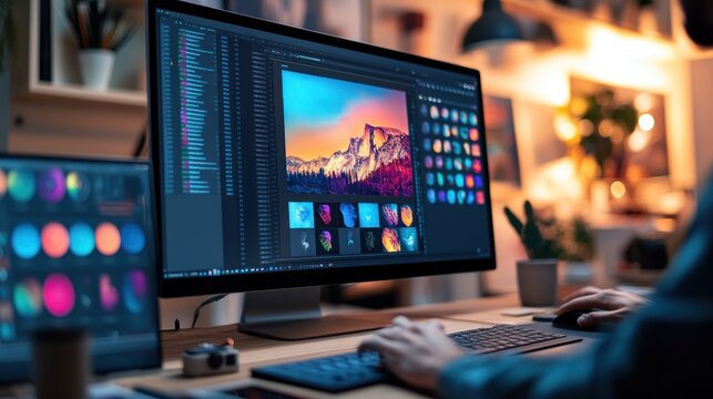 Home office photo editing workstation at night