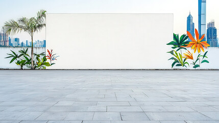 Blank billboard on an urban rooftop, clear sky, city skyline in the background, perfect advertising canvas