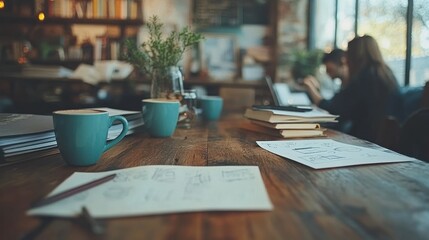 Wooden cafe table with coffee cups, sketches, and people working in background