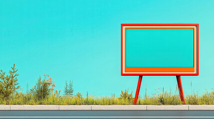 City street with a vintage billboard design, warm sunlight, clear blue sky, nostalgic advertising feel