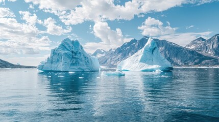 Panoramic View of Striking Icebergs Floating in Calm Waters