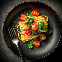 Roasted Garlic Pasta with Tomatoes and Spinach on a black plate