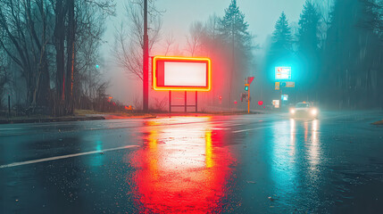 Classic neon-lit billboard on a vintage city street, warm night sky, glowing advertising aesthetic