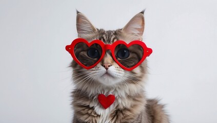 An adorable Maine Coon cat wearing heart-shaped red glasses and a matching collar, exuding charm and playfulness.