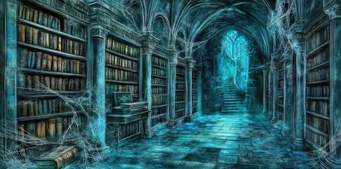 A dark and haunted library filled with ancient books and secrets