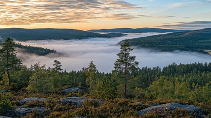 Sweeping View of Pristine Scandinavian Forest at Sunrise with Mist