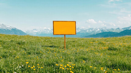 Rural roadside billboard mockup, wooden frame, surrounded by grasslands, clear blue sky 