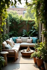 Fototapeta premium Compact oasis, small backyard, balcony, rooftop, serene, tranquil, lush greenery, potted plants, hanging vines, small trees, textured foliage, dappled sunlight, comfortable seating, plush sofa, hammoc