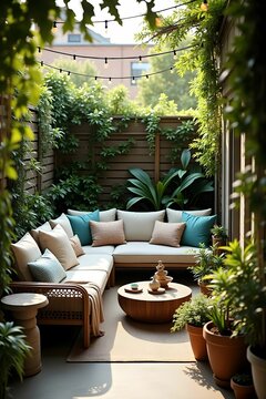 Compact oasis, small backyard, balcony, rooftop, serene, tranquil, lush greenery, potted plants, hanging vines, small trees, textured foliage, dappled sunlight, comfortable seating, plush sofa, hammoc