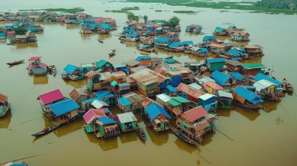 Fototapeta premium Vibrant Floating Village in Cambodia's Tonle Sap Lake