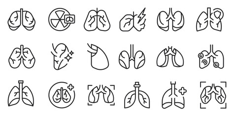lung disease icons, such as copd, cough, bronchitis, spirometry and more. Editable stroke.
