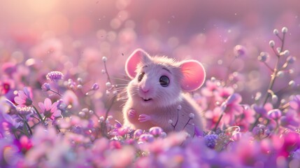 Cute Mouse in a Field of Pink Flowers