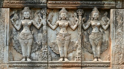 Ancient Stone Carvings of Apsara Dancers at Angkor Temple Complex