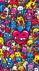 Obraz premium A Colorful Artwork Featuring Many Drawn Cartoon Characters Smiling