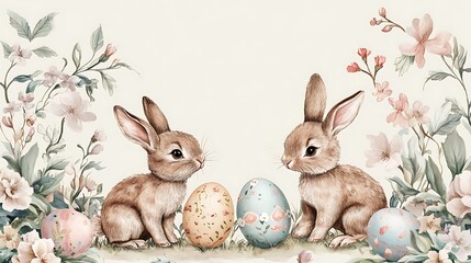 Fototapeta premium Easter bunnies with floral spring scene. (1)