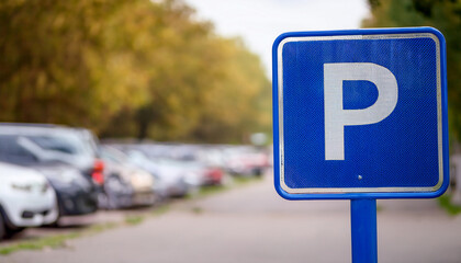 Blue city street parking sign, blurred cars in background. Urban car park space, traffic concept