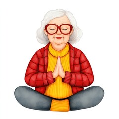 Elderly woman meditating in a relaxed pose.