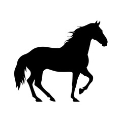 Elegant black horse silhouette running, isolated on a clean white background, perfect for graphic design and print.