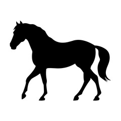 Elegant black horse silhouette running, isolated on a clean white background, perfect for graphic design and print.