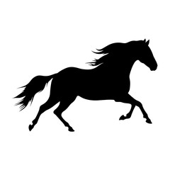 Elegant black horse silhouette running, isolated on a clean white background, perfect for graphic design and print.