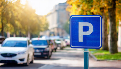 Blue city street parking sign, blurred cars in background. Urban car park space, traffic concept