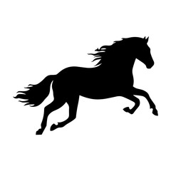 Elegant black horse silhouette running, isolated on a clean white background, perfect for graphic design and print.