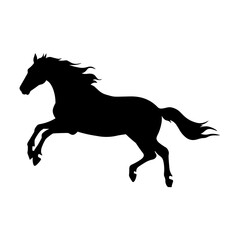 Elegant black horse silhouette running, isolated on a clean white background, perfect for graphic design and print.