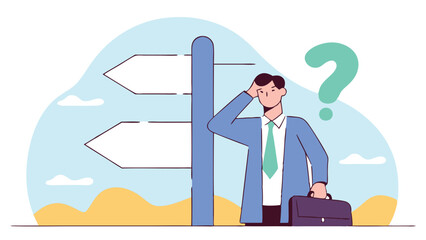 Confused person standing at a three-way road intersection with large arrows, symbolizing decision-making, choices, uncertainty, and future direction in a minimal flat illustration style
