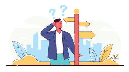 Confused person standing at a three-way road intersection with large arrows, symbolizing decision-making, choices, uncertainty, and future direction in a minimal flat illustration style
